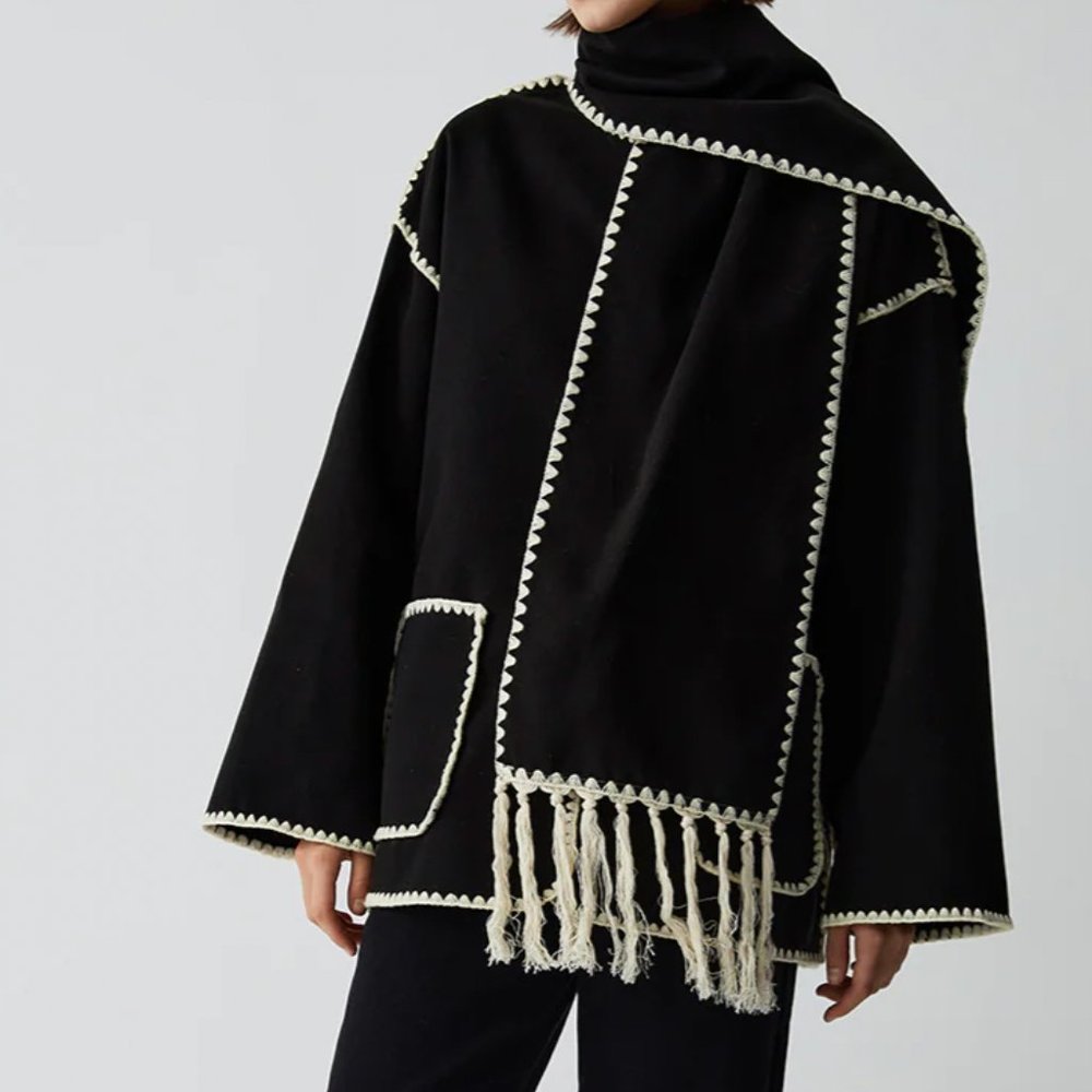 **NWT** Commense Contrast Trim Jacket With Matching Scarf in Black